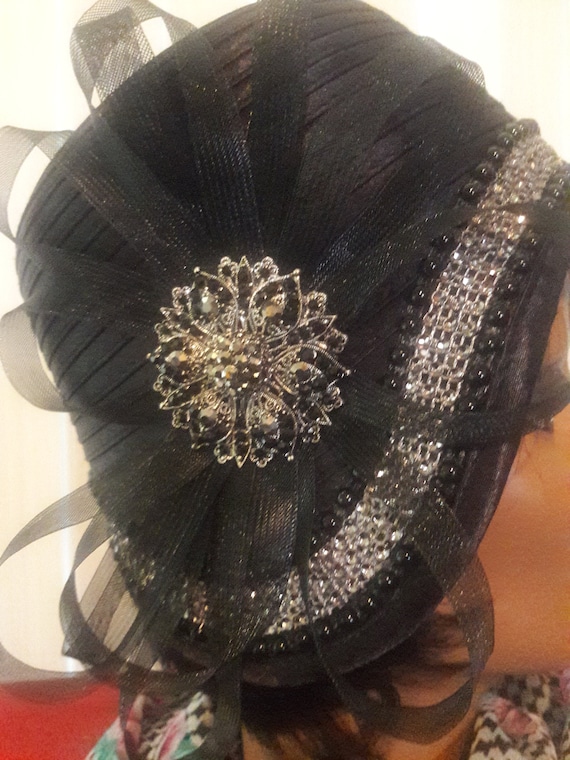 Black church hat tall crown silver trim rhinestone brooch birthday mother's day gift Easter Christmas funeral Convention Cogic Conference