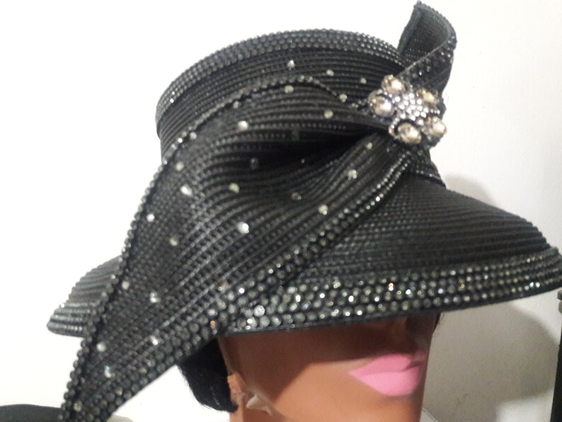 Black church hat rhinestone small brim fancy women black Etsy