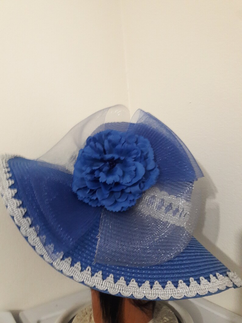 Blue wide brim sun hat silver trim crinoline flower derby birthday garden tea party summer fancy beach fancy royal blue floppy sun hat