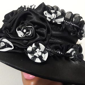 Black church hat satin medium brim satin rosettes rhinestone trim mother&#39;s day birthday Christmas Easter gift funeral