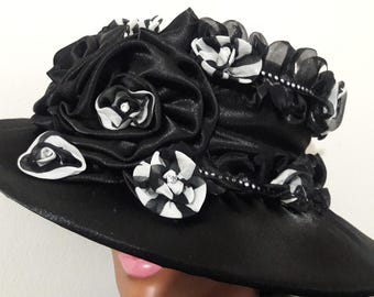 Black Church Hat: Satin Rosettes, Rhinestone Trim, Medium Brim
