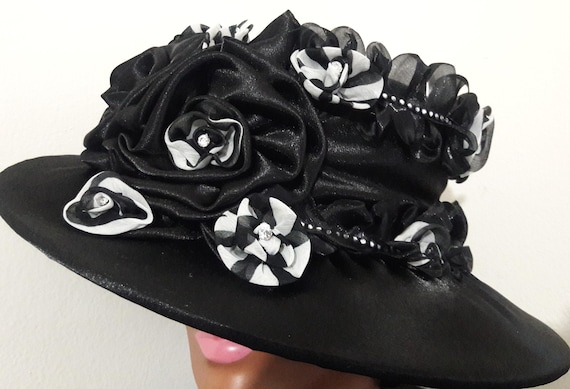 Black Church Hat: Satin Rosettes, Rhinestone Trim, Medium  display picture 2