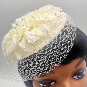 Ivory church fascinator birdcage veil rhinestones flower headband tea derby party birthday Christmas Mother&#39;s Day gift Easter bridal wedding