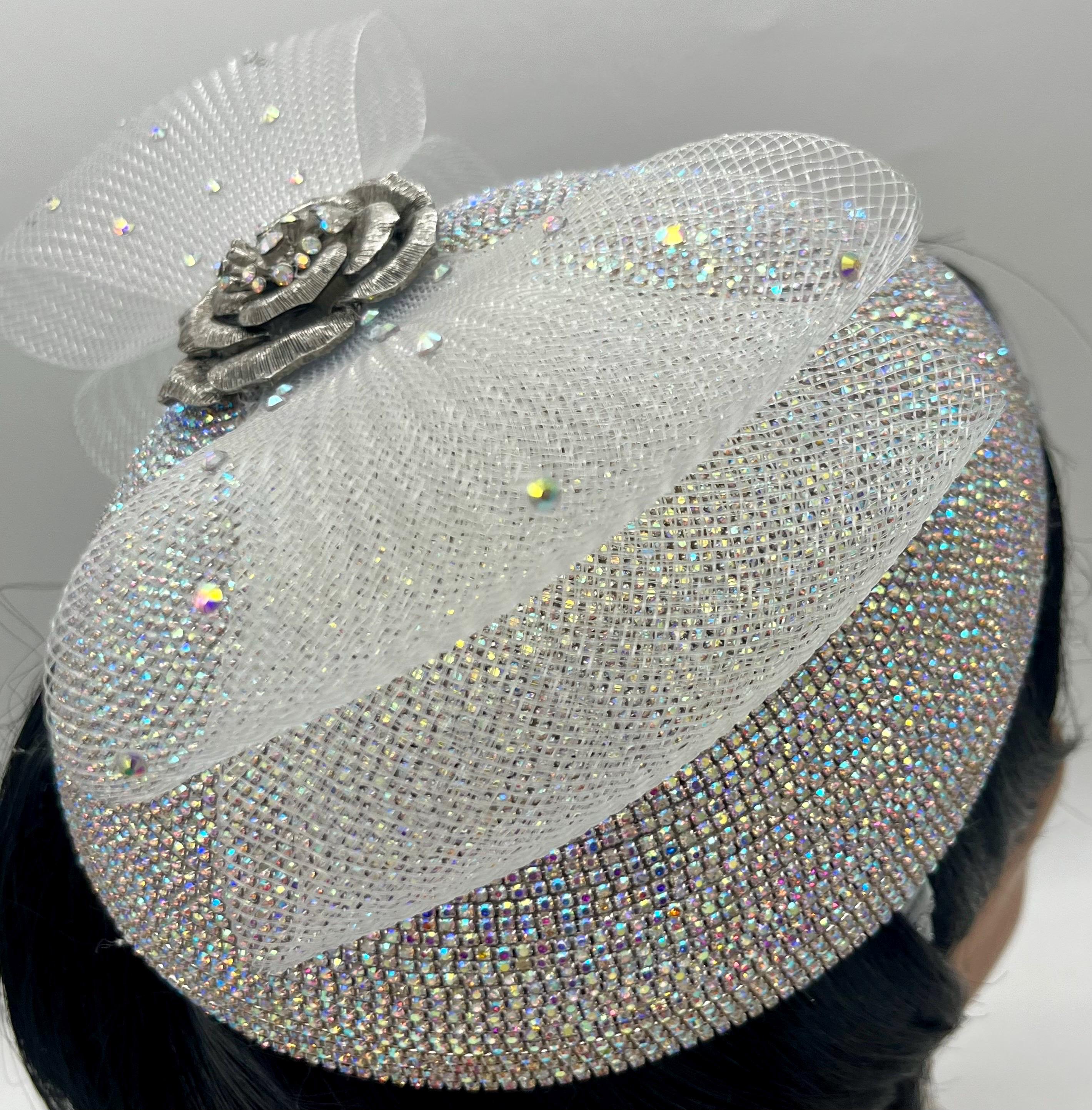 Pillbox Hat With Large Rhinestone Bow Ivory Satin Pillbox Hat: Rhinestone Brooch, Crinoline Bow - Etsy main image 2