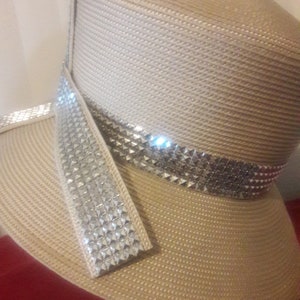 Tan Straw Church Hat: Wide Brim Derby with Silver Trim