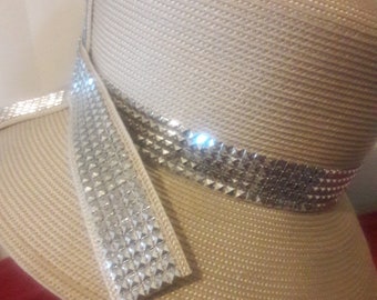 Tan Straw Church Hat: Wide Brim Derby with Silver Trim