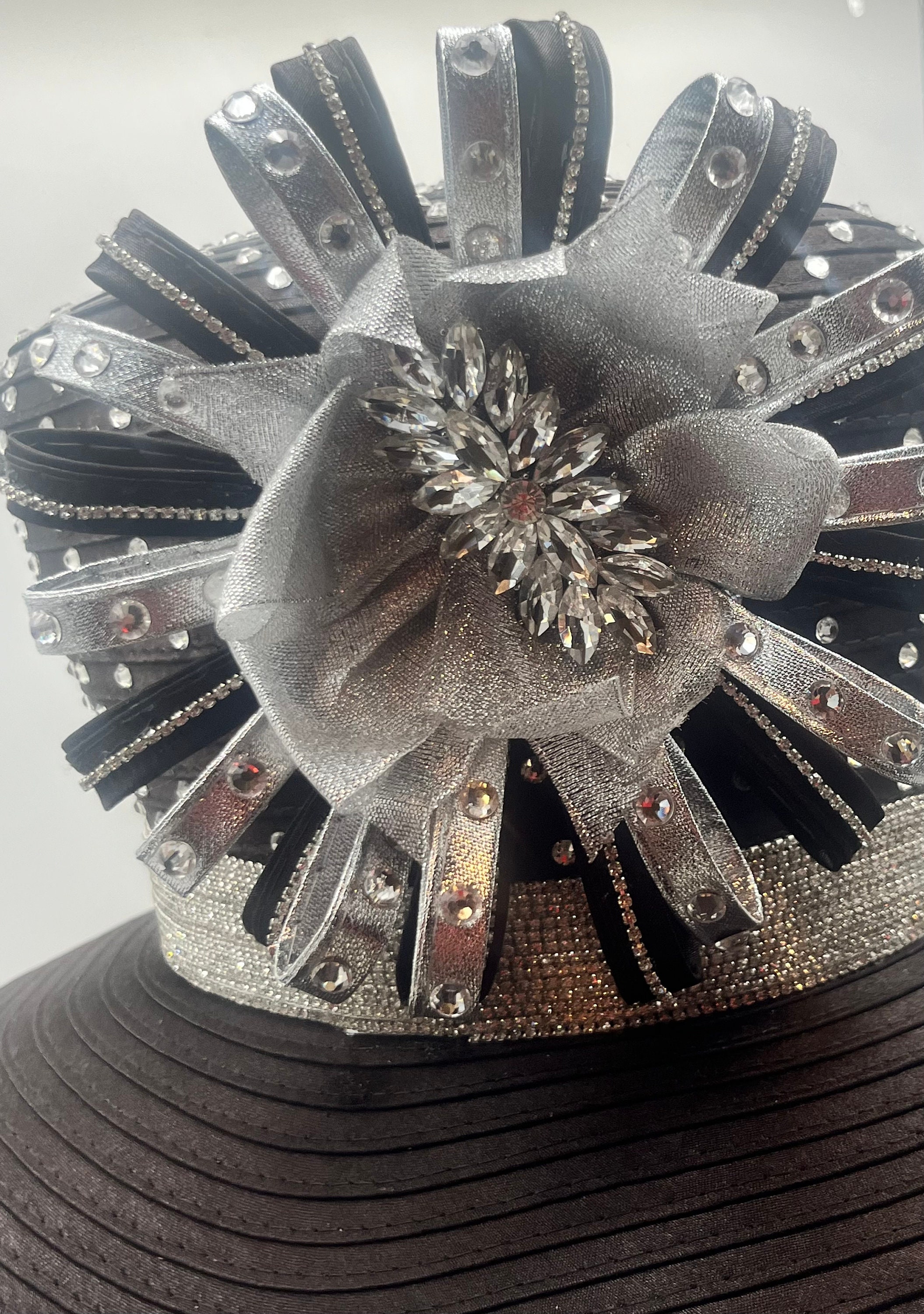 Brown Church Derby Hat: Rhinestone Trim, Silver Bow Brooch 