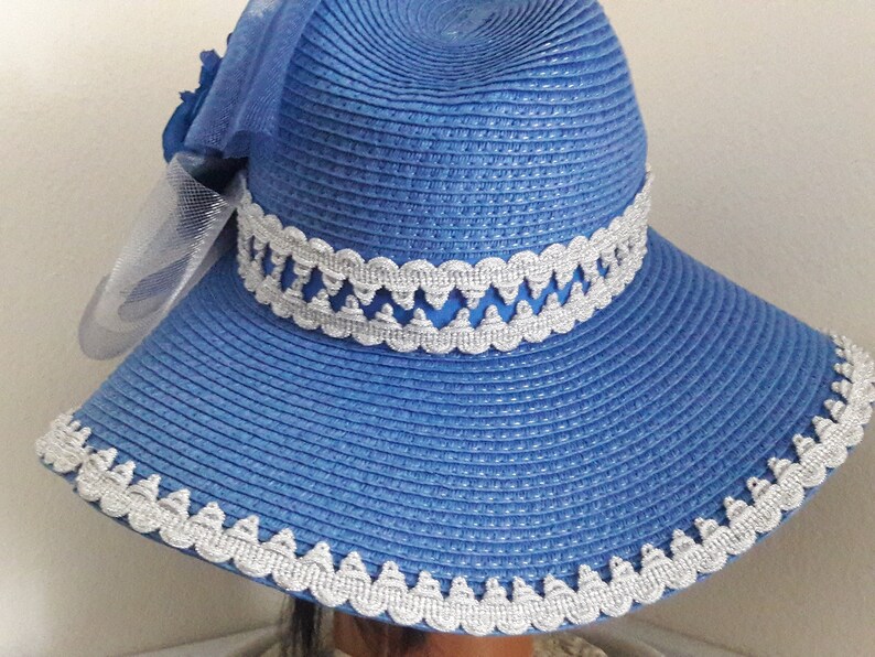 Blue wide brim sun hat silver trim crinoline flower derby birthday garden tea party summer fancy beach fancy royal blue floppy sun hat