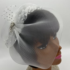 Silver metallic church headband fascinator veil brooch clear rhinestone crinoline birthday mom Easter Christmas COGIC bridal derby tea party
