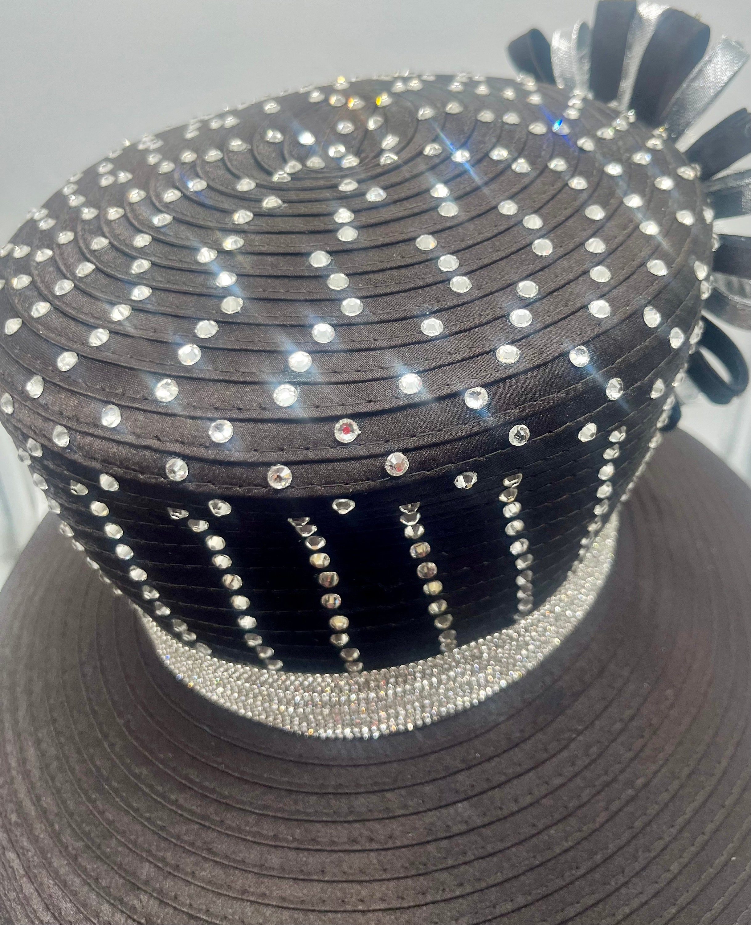 Brown Church Derby Hat: Rhinestone Trim, Silver Bow Brooch  display picture 2