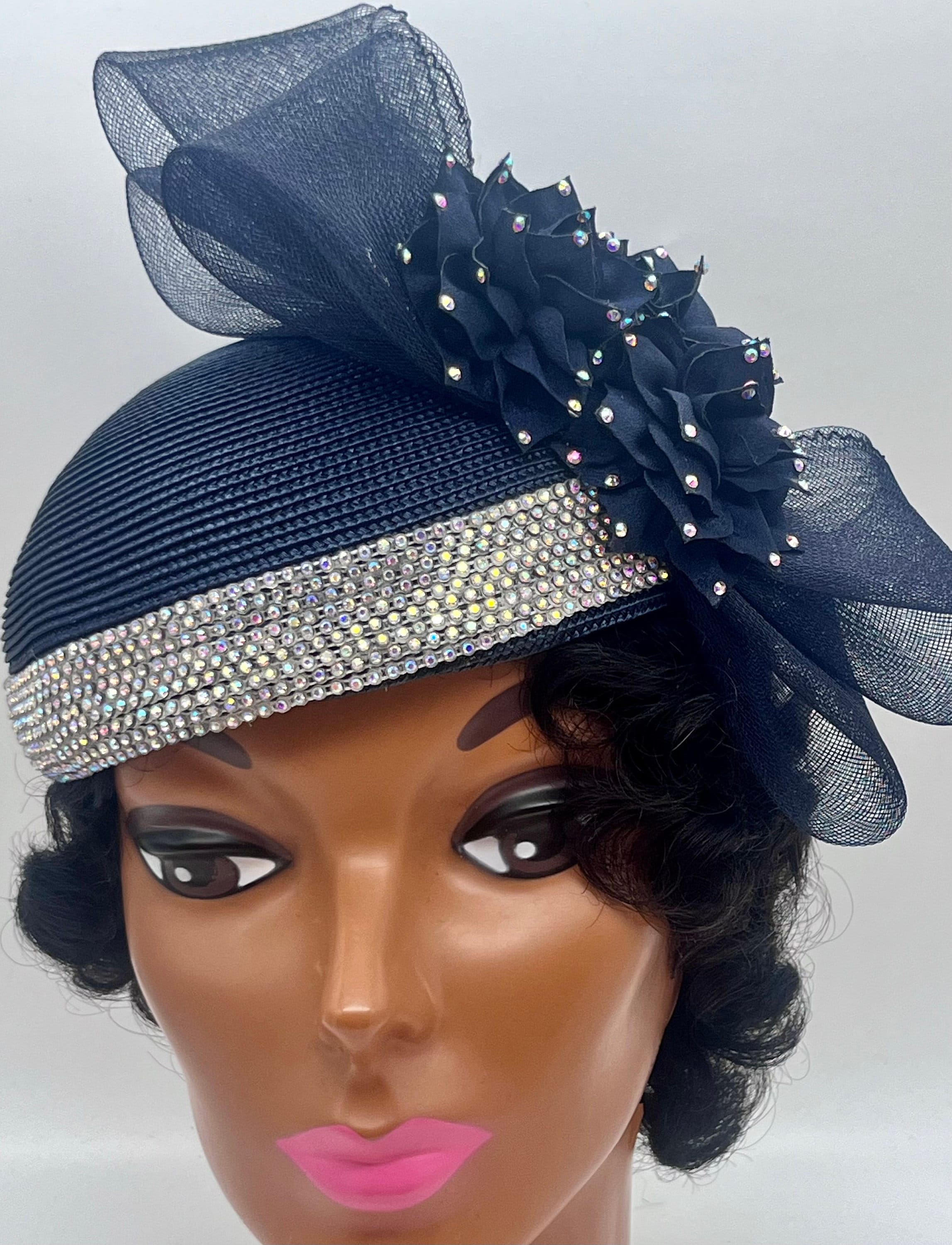 Vintage 1950s Pillbox Hat Navy Straw With White Rose Petals Mesh Veil Rhinestone Vintage Straw Pillbox Hat With Veil, 1950s-1960s Hat  main image 4