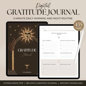 以下が含まれることがあります： 太陽と月のデザインが施された、435ページのデジタル感謝ジャーナル。このジャーナルは、毎朝晩5分のルーティン用に設計されています。表紙のテキストは「デジタル感謝ジャーナル 毎朝晩5分のルーティン」です。