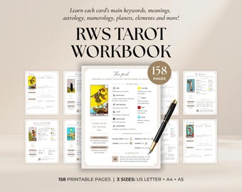 May include: A tarot workbook with the title "RWS Tarot Workbook" and the text "Learn each card's main keywords, meanings, astrology, numerology, planets, elements and more!" The workbook has 158 pages and is available in US Letter, A4, and A5 sizes.