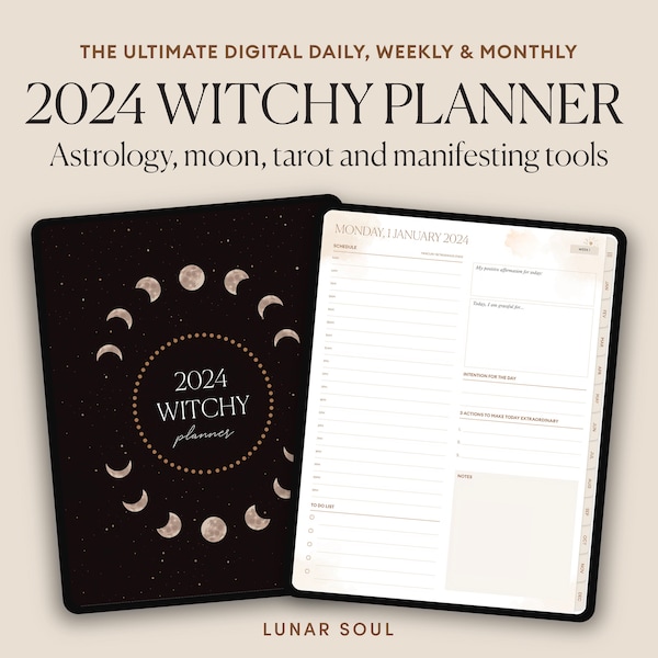 2024 Digital Witchy Planner | Astrology, Moon, Tarot, Manifestation, Grimoire Pages | Monthly, Weekly, Daily Planner | For iPad, GoodNotes