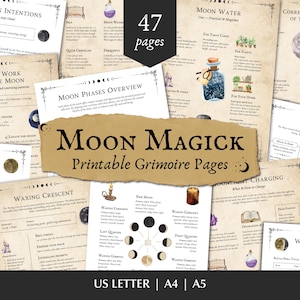 May include: A collection of printable grimoire pages with the title "Moon Magick." The pages feature information on moon phases, rituals, and journaling prompts. The design includes illustrations and text, with a parchment-like background. The set includes 47 pages.