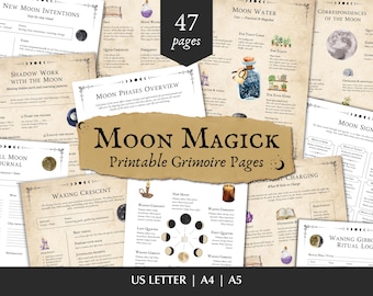 Moon Journal Grimoire Pages: Lunar Spells, Moon Phases, Rituals, Correspondences (Printable PDF)