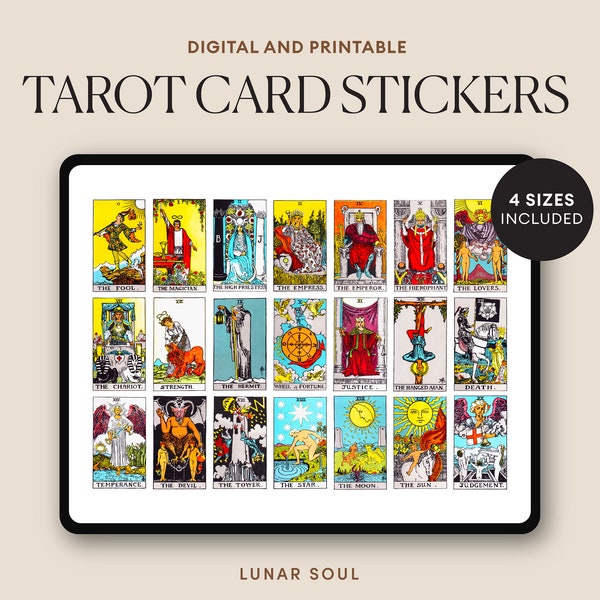 Tarot Card Stickers | 78 Rider Waite Cards for Beginner and Advanced Witch | Digital Witchy Printable Stickers