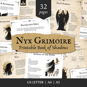 Op de afbeelding: Een afdrukbaar schaduwboek getiteld "Nyx Grimoire" met 32 pagina's. De pagina's bevatten illustraties van engelen, symbolen en tekst. Beschikbaar in US Letter, A4 en A5 formaten.