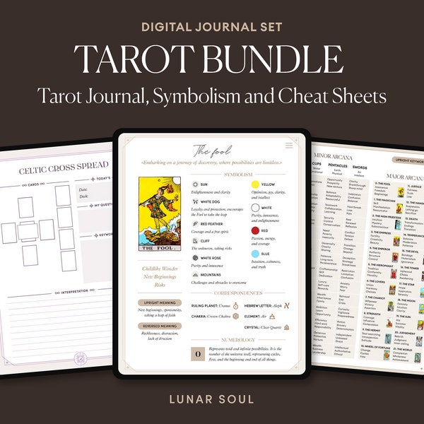 Tarot Journal Bundle | Tarot Symbolism Cheat Sheets, Spreads | Rider Waite Card | Witch, Grimoire, Oracle, Deck | Beginner Advanced Witch