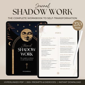 以下が含まれることがあります： 顔のある月のデジタルイラストで、「Journal Shadow Work」と「The complete workbook to self-transformation」というテキストが書かれています。画像は黒地に金色のアクセントが施されています。「270 Pages」というテキストが画像の右上にあります。