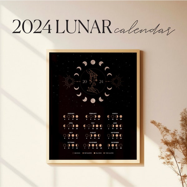 2024 Moon Calendar Art Print | Lunar Phases Wall Calendar | Witchy Calendar Poster