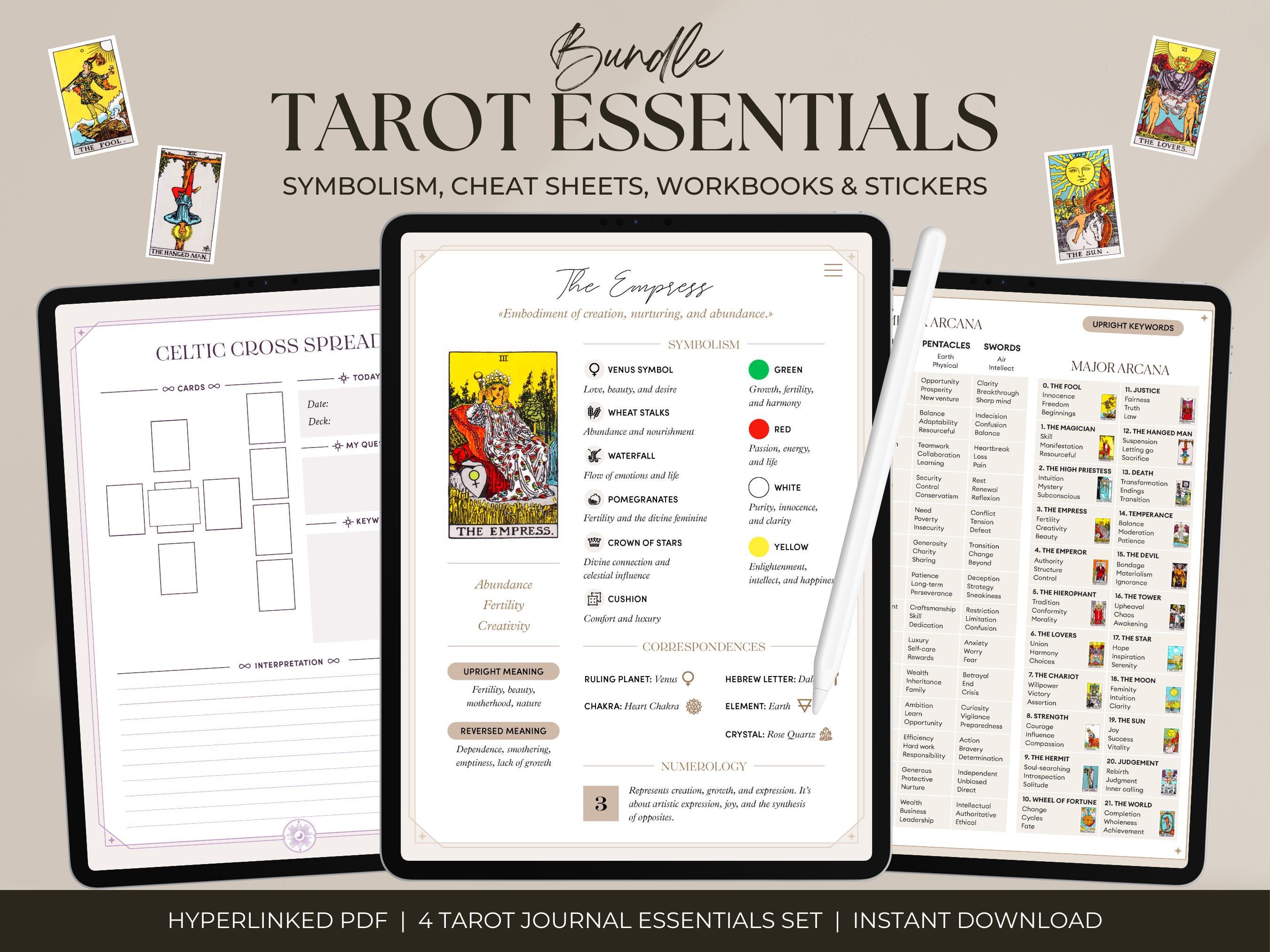 Tarot Journal Bundle | Tarot Symbolism Cheat Sheets, Spreads | Rider Waite Card | Witch, Grimoire, Oracle, Deck | Beginner Advanced Witch