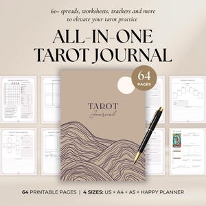 May include: A beige tarot journal with the title "TAROT Journal" and a pen. The journal has a brown wavy design and is surrounded by worksheets. The text reads "ALL-IN-ONE TAROT JOURNAL" and "64 PAGES".