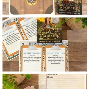 Op de afbeelding: Een verzameling Ella Enchanted Discoveries activiteitenkaarten en een boekomslag met de titel Ella Enchanted Celebrating 20 Years. De kaarten bevatten Explorer Challenge opdrachten voor Finishing School, filmvergelijking, Ella's Tiara en Elf Soup, naast een gelinieerd briefvel met de tekst From the desk of ELLA.