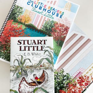 May include: A stack of children's books featuring the title "Stuart Little" by E.B. White. The books have colorful illustrations of cityscapes and a mouse in a boat. One book is spiral-bound, and another has the text "The Little Readers Clubhouse Stuart Little."