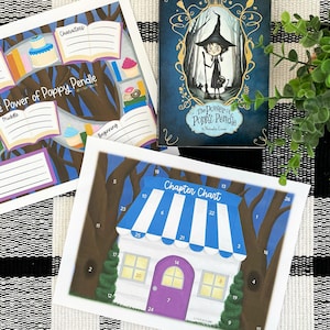 May include: A book titled The Power of Poppy Pendle alongside two printed activity sheets. One sheet features a story map with sections for setting, characters, beginning, middle, and end. The other sheet is a Chapter Chart with a house illustration.