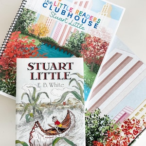 May include: A stack of children's books featuring the title "Stuart Little" by E.B. White. The cover art includes illustrations of a mouse in a boat and a cityscape. One book is spiral-bound, and another has the title "The Little Readers Clubhouse".