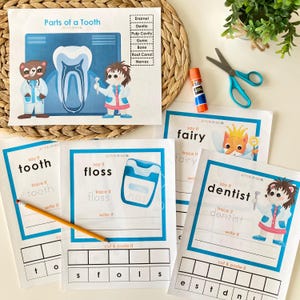 Könnte beinhalten: Ein Set aus Lernarbeitsblättern mit den Titeln Parts of a Tooth, fairy, tooth, floss und dentist. Die Seiten zeigen Zeichentricktiere in medizinischer Kleidung, Zahndiagramme, Nachspurübungen und Ausschneidekästchen, ergänzt durch einen Bleistift und Kleber.
