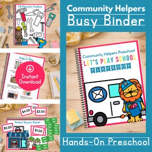 May include: A spiral-bound educational activity binder titled Community Helpers Busy Binder. The cover features a cartoon lion mail carrier next to a mail truck. Additional pages show tool-themed matching games and a rodent-themed repair shop activity.