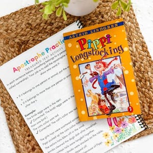 May include: A children's book titled "Pippi Longstocking" by Astrid Lindgren, featuring a vibrant illustration of Pippi on the cover. The book is placed on a woven mat alongside a worksheet about apostrophes. A small potted plant is in the background.