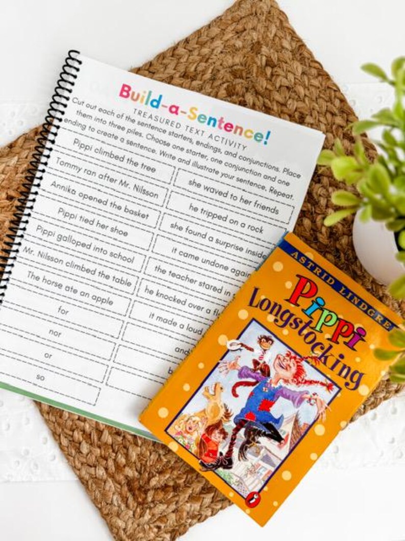 May include: A spiral-bound workbook with the title "Build-a-Sentence!" and a colorful cover of the book "Pippi Longstocking" by Astrid Lindgren, resting on a woven mat. The workbook features sentence-building exercises.