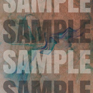 May include: A rectangular print featuring a textured background with swirling patterns of muted orange, teal, and dark blue. The word SAMPLE is repeated four times in a bold, sans-serif font, layered over the abstract marbled color design.