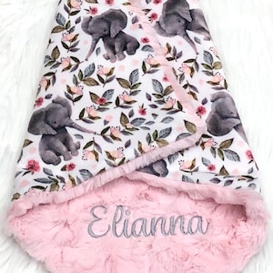 Personalized Elephant Baby Blanket: Pink Floral Minky Lovey