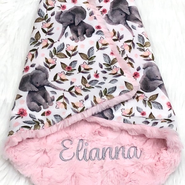 Elephant Baby Blanket Lovey~Personalized Pink Gray Elephant Floral Baby Girl Crib Bedding~Minky Faux Fur Blanket with Name ~ Baby Girl Gift