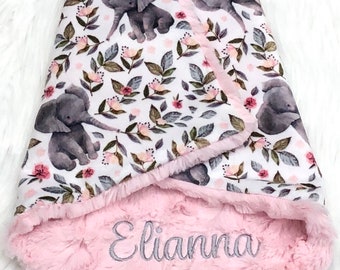 Elephant Baby Blanket Lovey~Personalized Pink Gray Elephant Floral Baby Girl Crib Bedding~Minky Faux Fur Blanket with Name ~ Baby Girl Gift
