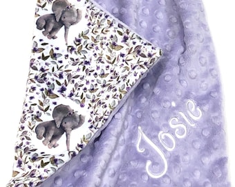 Personalized Lavender Elephant Baby Blanket: Floral Minky Lovey