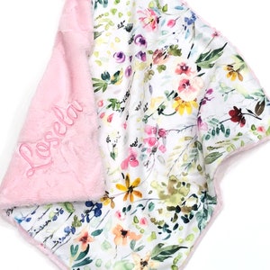 Floral Girl Blanket Floral LoveyPersonalized Wildflower Minky BlanketFloral Crib BeddingGirl Baby Gift Blush PInk Minky Fur