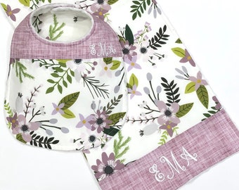 Floral Personalized Bib, Burp Cloth and Bow Baby Girl Gift ~ Lavender Watercolor Floral Baby Girl Gift Set