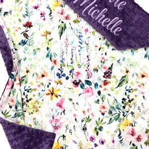 Floral Girl Blanket Floral LoveyPersonalized Wildflower Minky BlanketFloral Crib BeddingGirl Baby Gift Violet Minky Dot