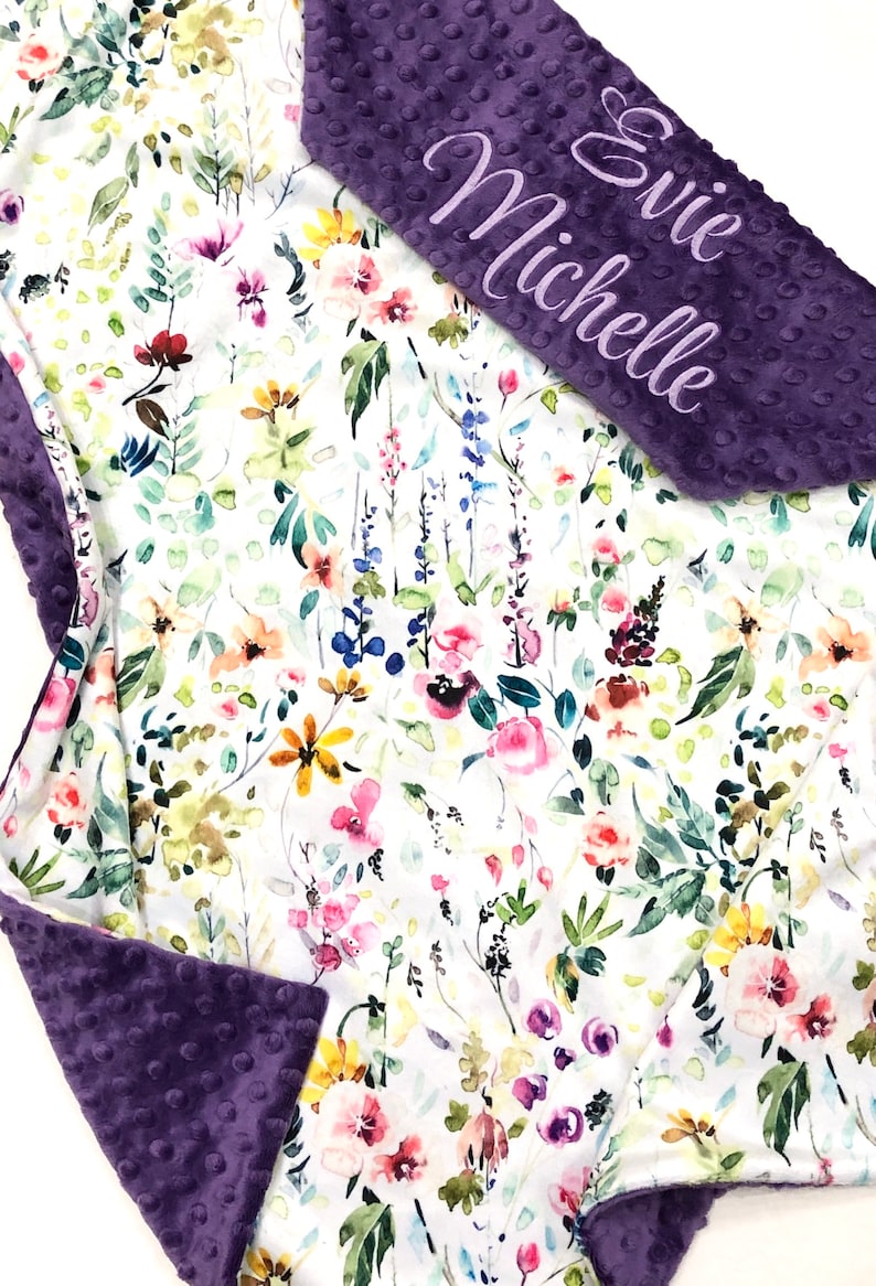 Floral Girl Blanket Floral LoveyPersonalized Wildflower Minky BlanketFloral Crib BeddingGirl Baby Gift Violet Minky Dot