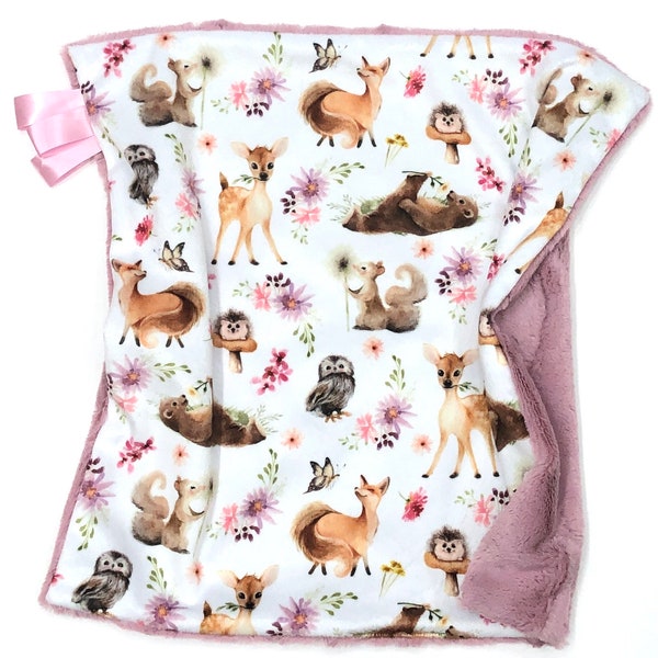 Personalized Girl Blanket Lovey~Woodland Animal Floral Blanket~Deer Blanket~Fox Blanket~Bear Blanket~Woodland Animal Nursery~Girl Baby Gift