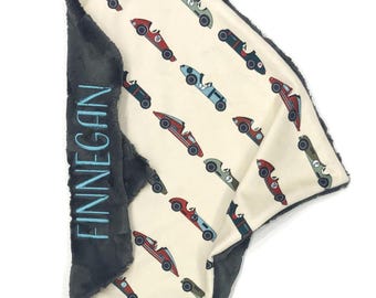 Personalized Race Car Minky Blanket: Vintage Style Baby Boy Lovey