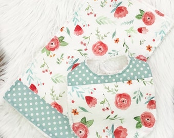 Girl Bib and Burp Cloth Set ~ Personalized Baby Girl Gift~ Watercolor Floral Bib and Burp Cloth