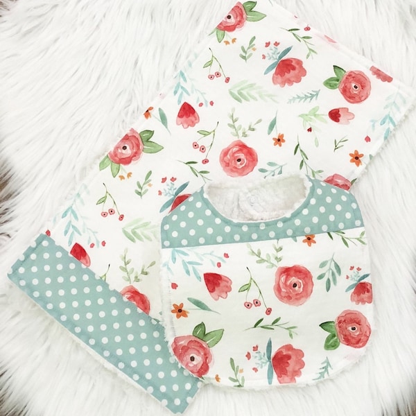 Girl Bib and Burp Cloth Set ~ Personalized Baby Girl Gift~ Watercolor Floral Bib and Burp Cloth