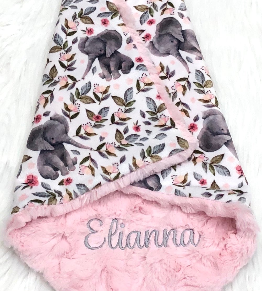 Elephant Baby Blanket Loveypersonalized Pink Gray Elephant Etsy