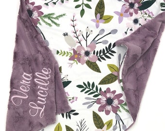 Floral Minky Baby Blanket: Personalized Lavender Girl Blanket